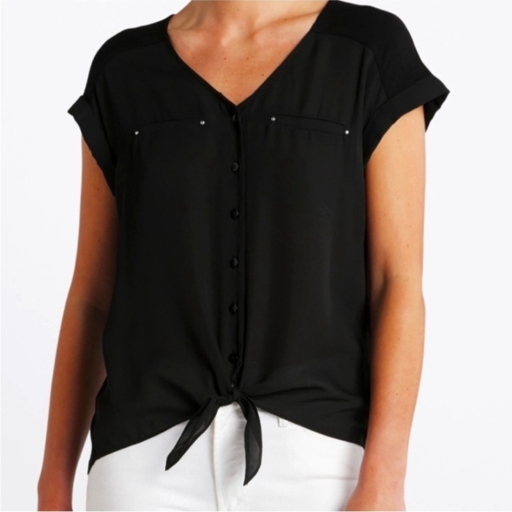 Fortune and Ivey, Lucy mixed material Thai front blouse, Black